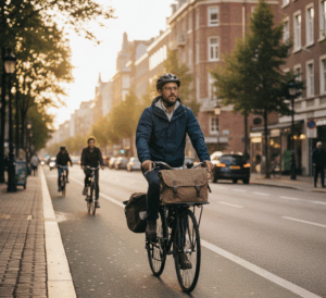 vélotafeur sur piste cyclable avec son casque