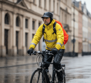 vélotafeur avec vêtements de pluie