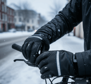 gants de vélo en hiver portés par un homme