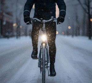 éclairage vélo homme cycliste qui roule sous la neige