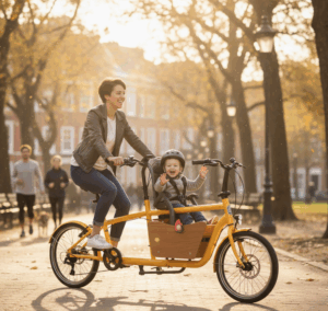 vélo cargo en train de rouler dans un parc