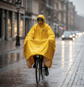 veÌlotafeur sous sa cape de pluie
